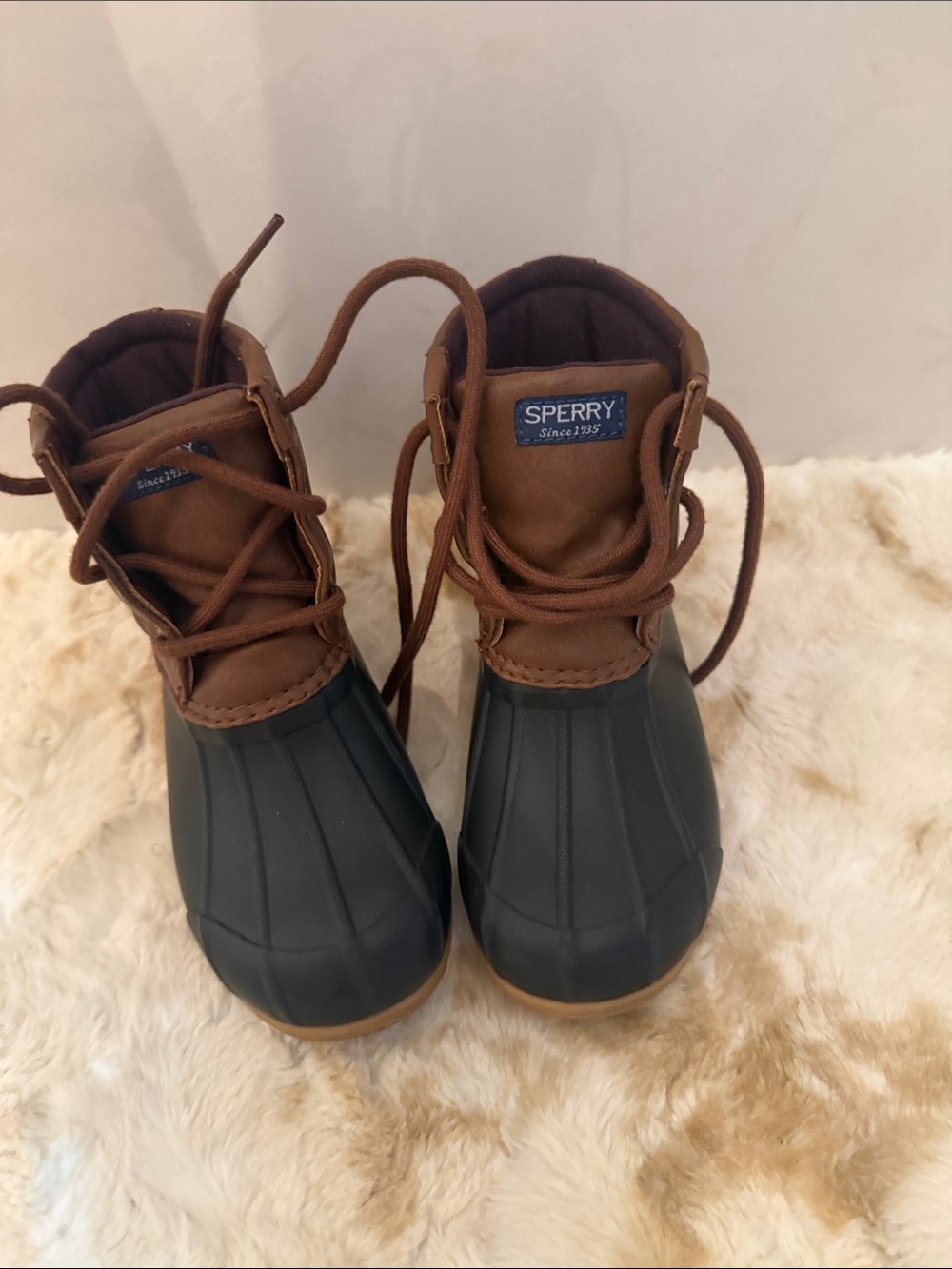 Sperry Kids Brown Leather and drab green  Rubber Rain Boots